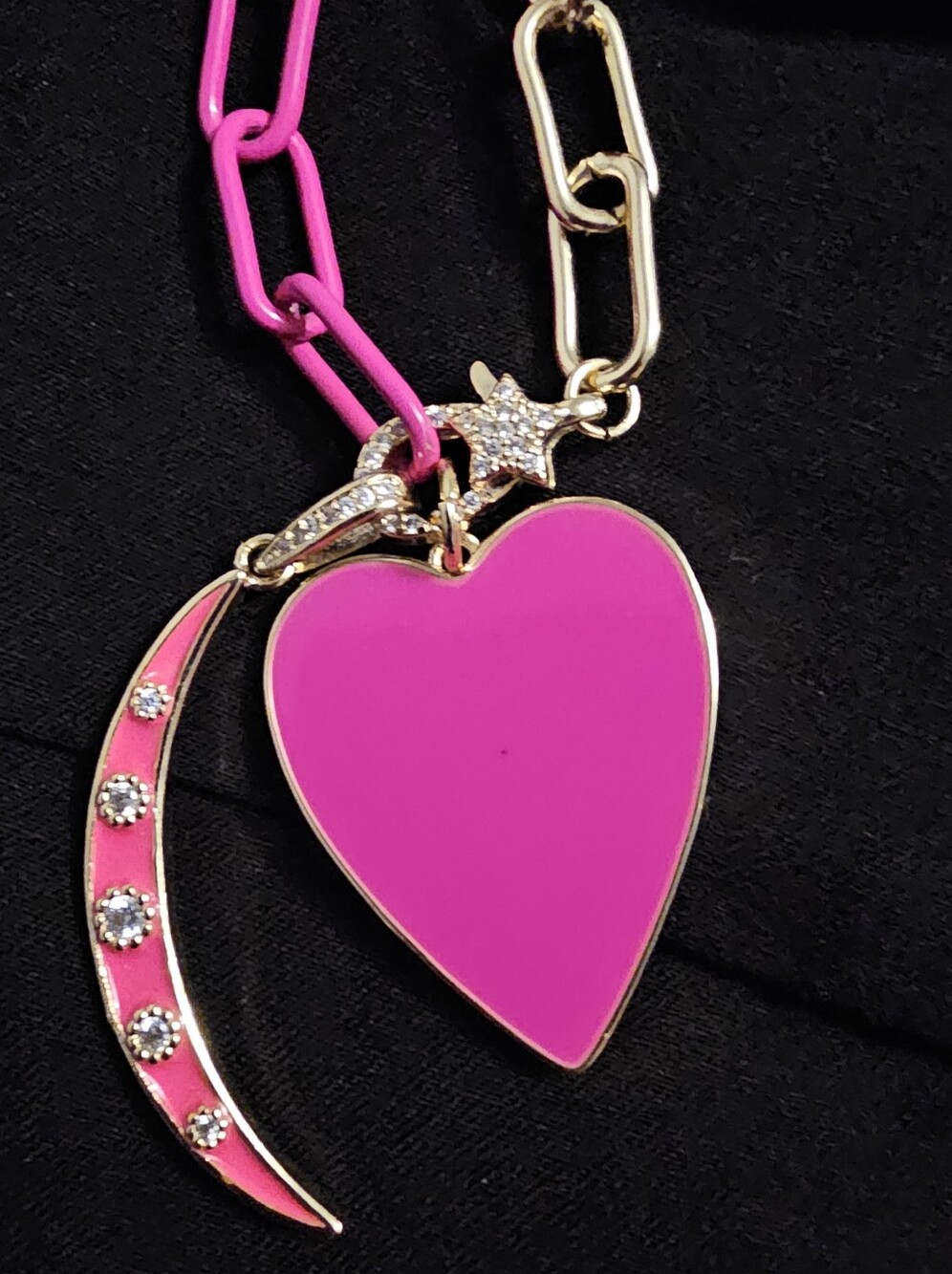 Lucy Moon Hot Pink Cresent Moon & Heart Statement Necklace 16 Inch EUC - Picture 2 of 9
